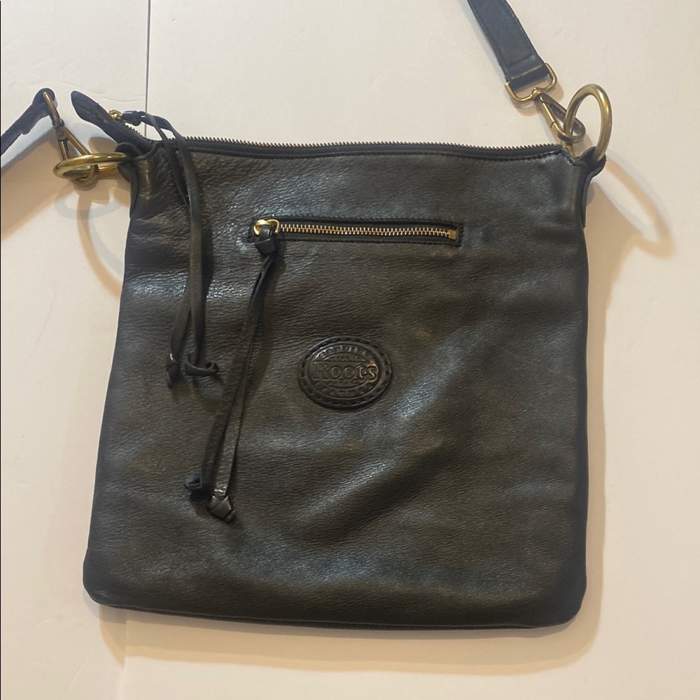Vintage Black Leather Roots Crossbody Bag